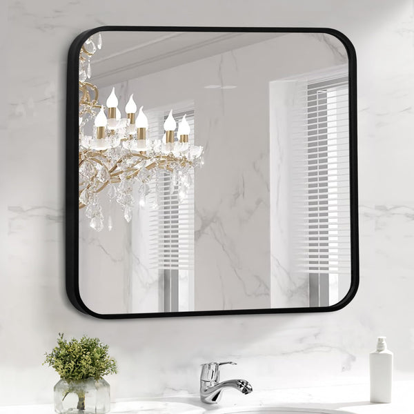 Square Wall Mirror with Classic Matt Black Aluminum Frame - 60x60cm Shatterproof HD Glass