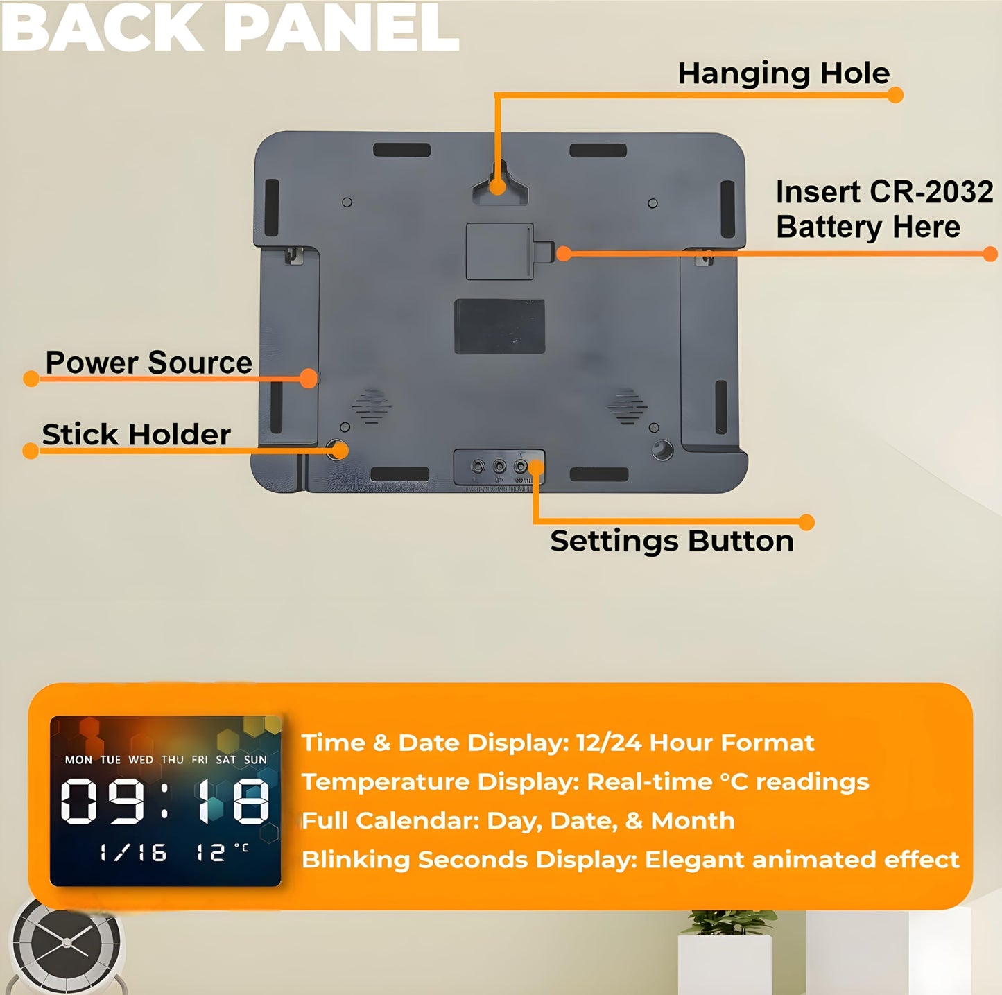 Digital Wall Clock with LED Display, Temperature, Date & Time - 27x20cm, USB Powered