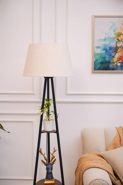 Floor Lamp with Three Shelves Black Polished 5Ft Height with Off White 16" Diameter Tapered Lampshade