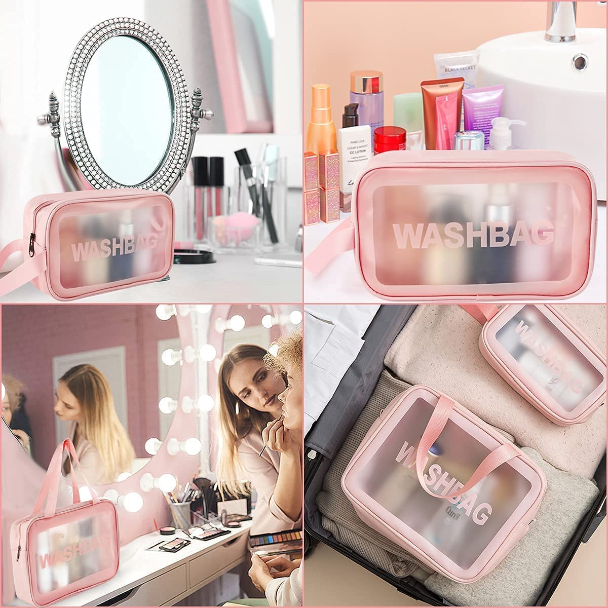 Clear Makeup Pouch Set, 3 Light Pink Travel Toiletry Bags