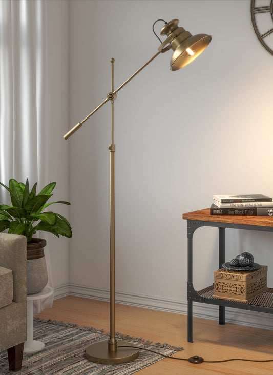 LED Floor Lamp with Adjustable Height and Rotatable Arm in Brass Antique Finish
