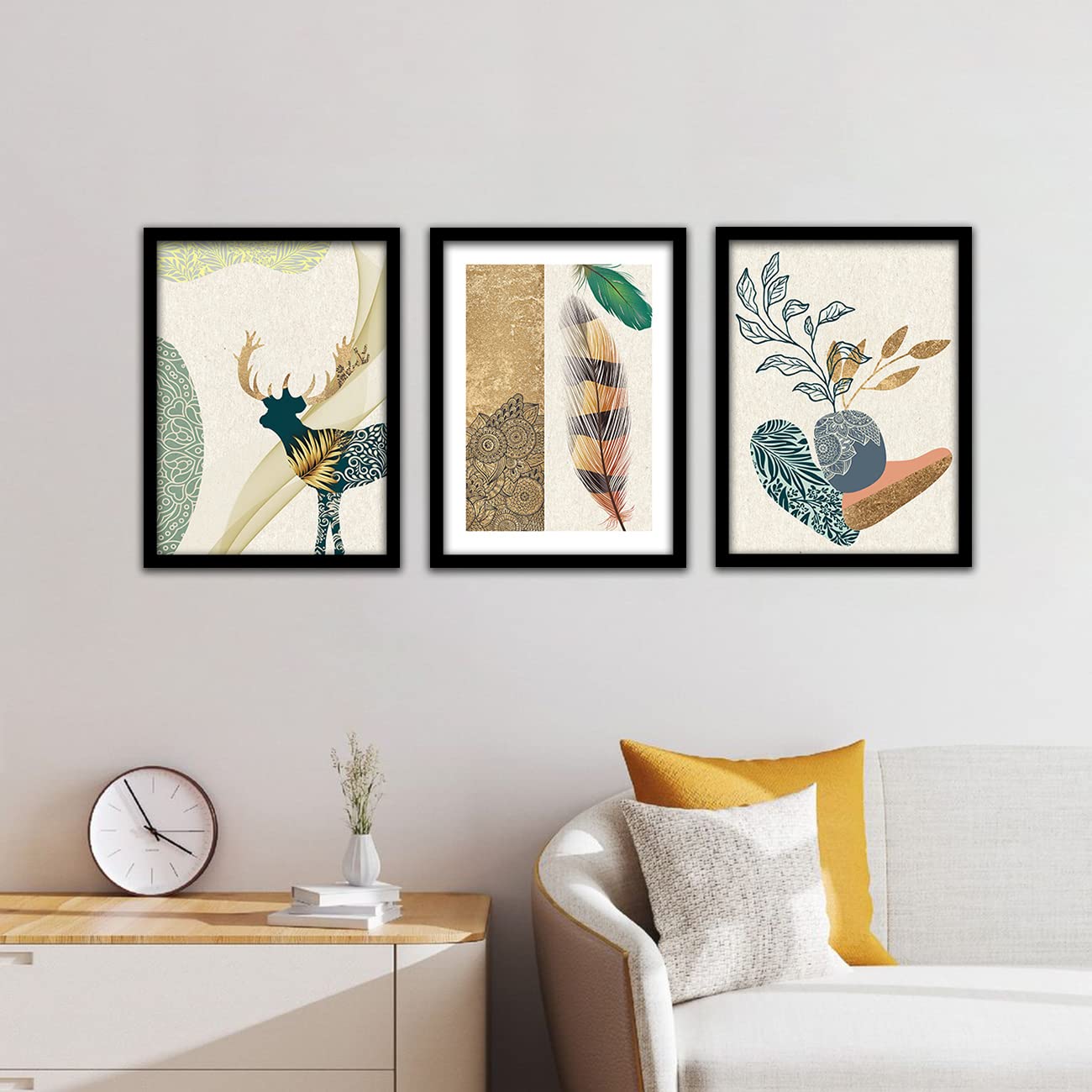 Framed Canvas Painting Set of 3 - Modern Art Wall Decor - Black Frame - 10 x 13 inch