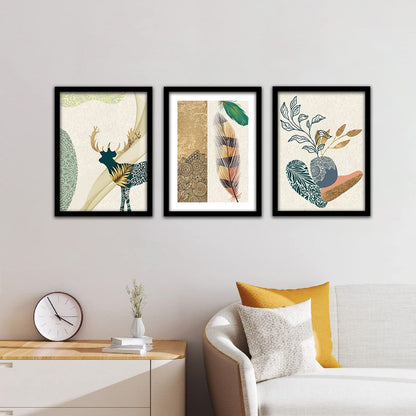 Framed Canvas Painting Set of 3 - Modern Art Wall Decor - Black Frame - 10 x 13 inch