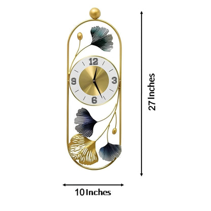 Gingko Leaf Wall Clock - Large Metal Design in Matte Black & Gold