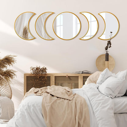 Wall Mirror Set - Modern Gold Framed Multi Shape Glass Mirrors - 5 Pieces - Wall Mounted Decor