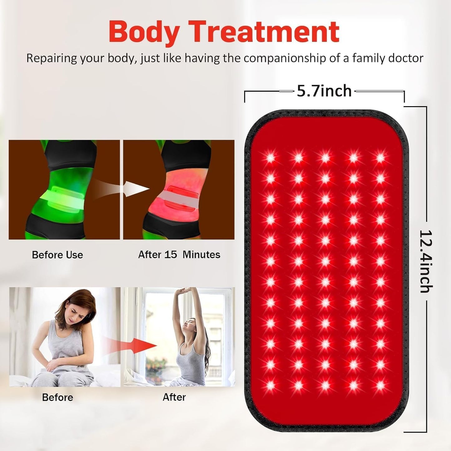 Red Light Therapy Belt with Timer, 60 LEDs, 660nm & 850nm for Back, 5.7x12.4 inches, Portable Design