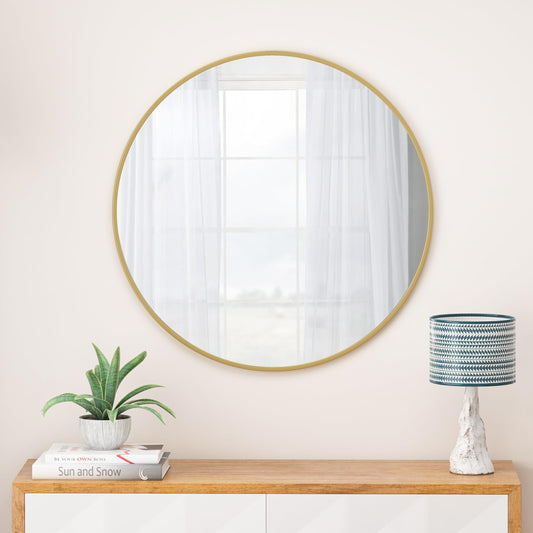 Round Wall Mirror - HD Clear Image - Gold - 16 Inch - Metal Frame - Easy Installation