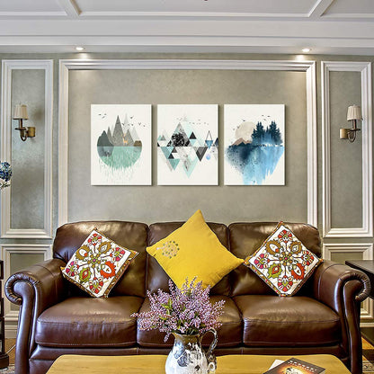 Abstract Geometry Mountain Canvas Painting Set - 3 Panels, 16x24 Inch (40x60 cm), Modern Wall Art