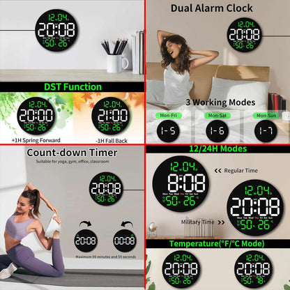10-Inch Digital Wall Clock with Remote Control, LED Display, Temperature, Humidity, Dual Alarms