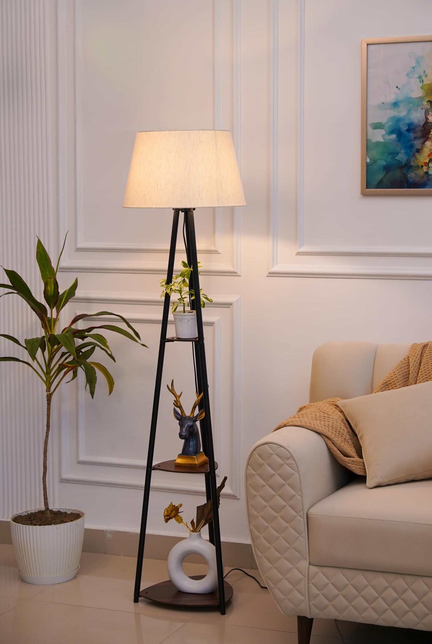 Floor Lamp with Three Shelves Black Polished 5Ft Height with Off White 16" Diameter Tapered Lampshade