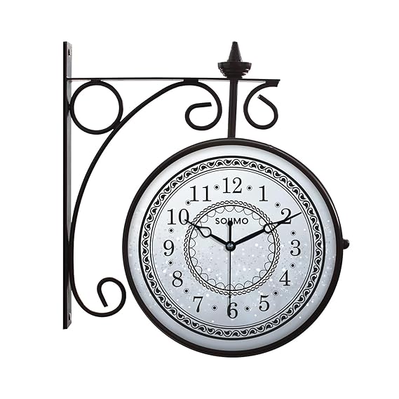 Double Sided Vintage Station Wall Clock, One Side Roman and Other Side Numeral Dial (8 Inches, Black) Metal, Analog