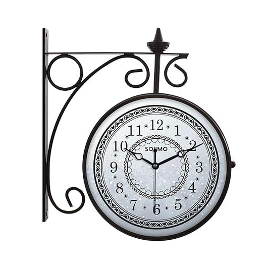 Double Sided Vintage Station Wall Clock, One Side Roman and Other Side Numeral Dial (8 Inches, Black) Metal, Analog