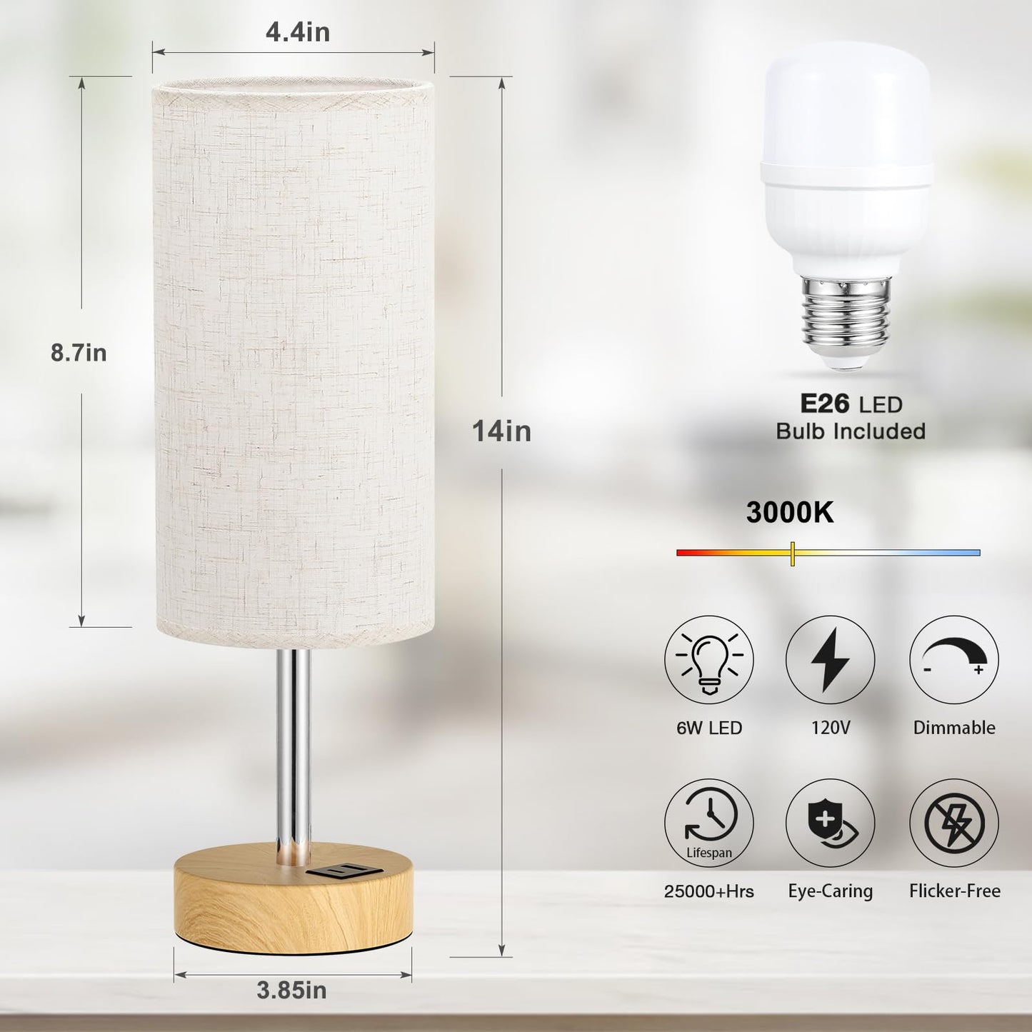 3-Way Dimmable Touch Control Wood Table Lamp with USB Charging Station - 6W LED Bulb Included