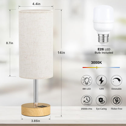 3-Way Dimmable Touch Control Wood Table Lamp with USB Charging Station - 6W LED Bulb Included