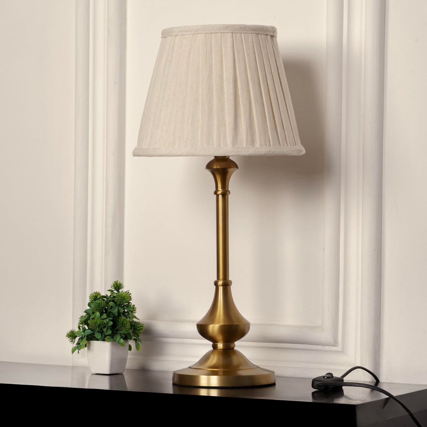 Table Lamp Antique Brass Gold Finish 10 Inch Off White Lampshade LED