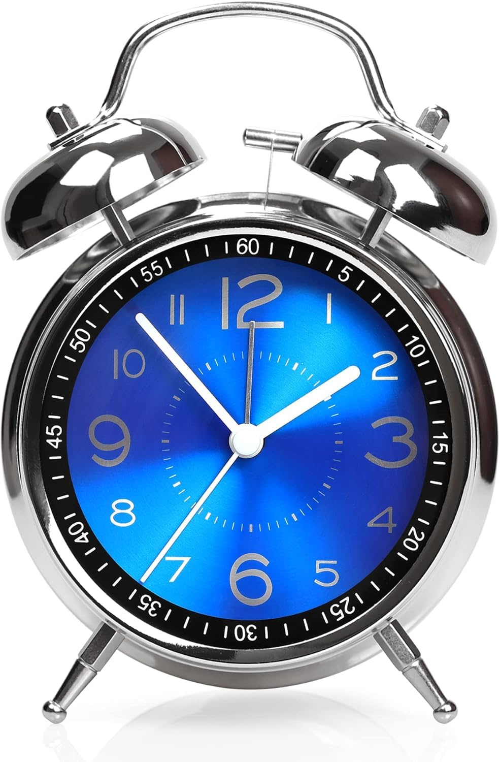 Analog Twin Bell Alarm Clock for Heavy Sleepers – Loud 4-Inch Metal Table Clock with Backlight, Ideal for Students, Bedroom, Office, or Home Décor (Blue Silver)