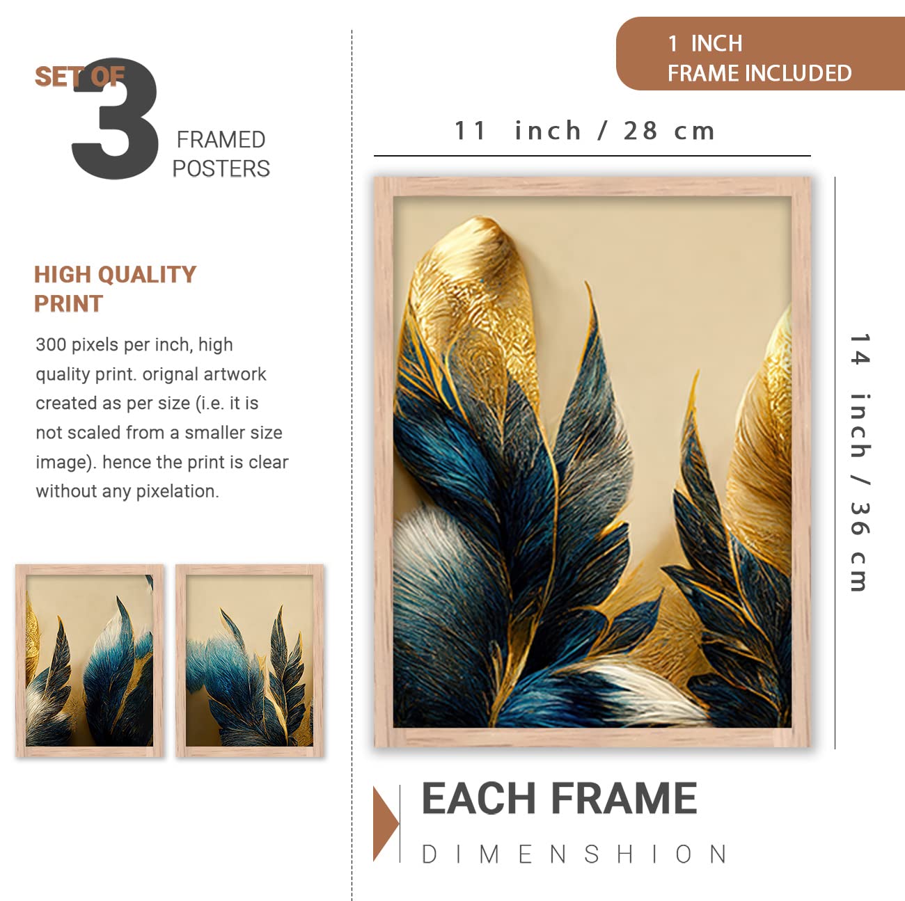 Wall Painting Set of 3 Modern Art 11x14 Inch Framed Canvas for Living Room Bedroom Decoration