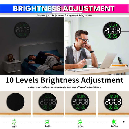 10-Inch Digital Wall Clock with Remote Control, LED Display, Temperature, Humidity, Dual Alarms