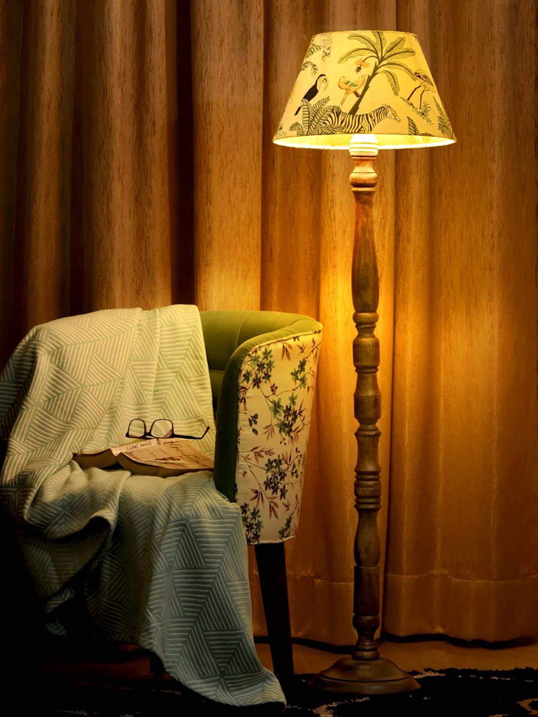 Floor Lamp with Multicolor Taper Shade in Green - Mango Wood Base - 9x15x55 inches