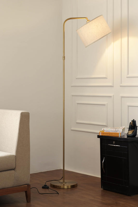 Modern Arc Floor Lamp with Adjustable Shade Brass Antique 6Ft Height 12 Inch Off White Drum Lampshade