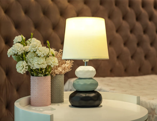 Modern Decorative Table Lamp with Ceramic Base and Fabric Shade - 17 cm x 16.5 cm x 30 cm - Warm White LED Bulb Included