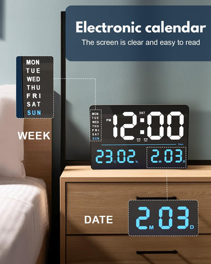 Digital Alarm Wall Clock 16 Inch with Remote Control, Auto Dimming, Temperature & Humidity Display
