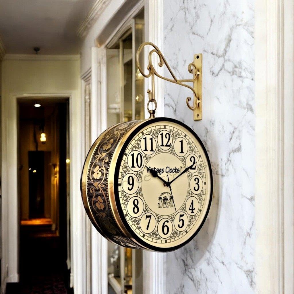 Vintage Handcrafted Double Sided Railway Style Iron Wall Clock, 10x10 Inch, Brass Colour, Analog
