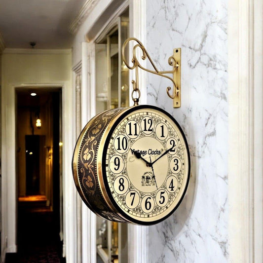 Vintage Handcrafted Double Sided Railway Style Iron Wall Clock, 10x10 Inch, Brass Colour, Analog