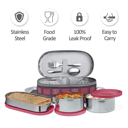 MILTON Corporate Lunch Stainless Steel Containers, Set of 3, (280 ml, 280 ml, 472 ml), Maroon