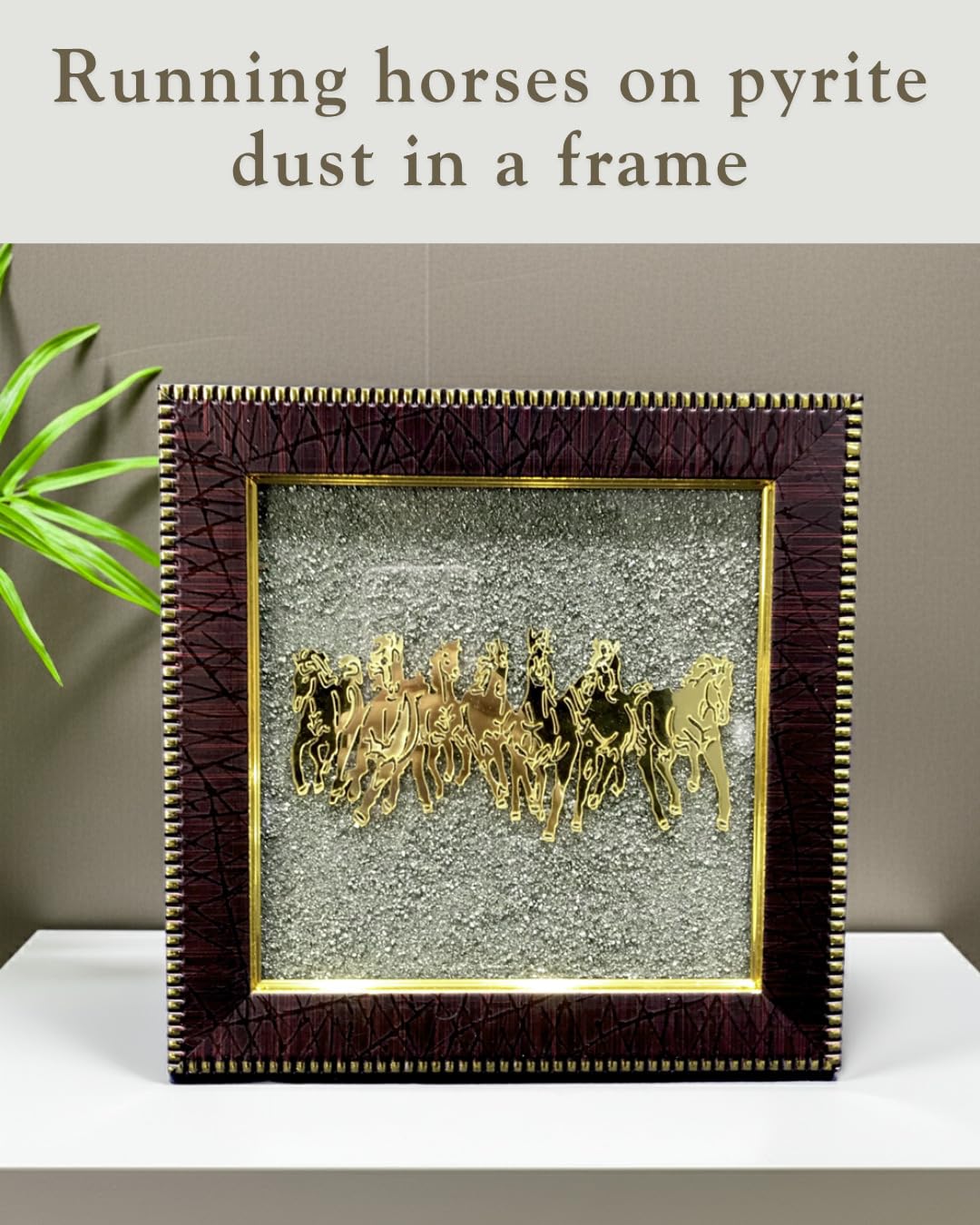 Wall Painting Seven Running Horses Artwork Gold-Plated Pyrite Dust Frame 30x30 cm