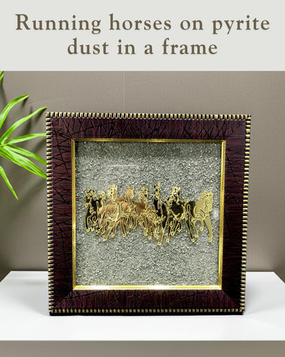 Wall Painting Seven Running Horses Artwork Gold-Plated Pyrite Dust Frame 30x30 cm