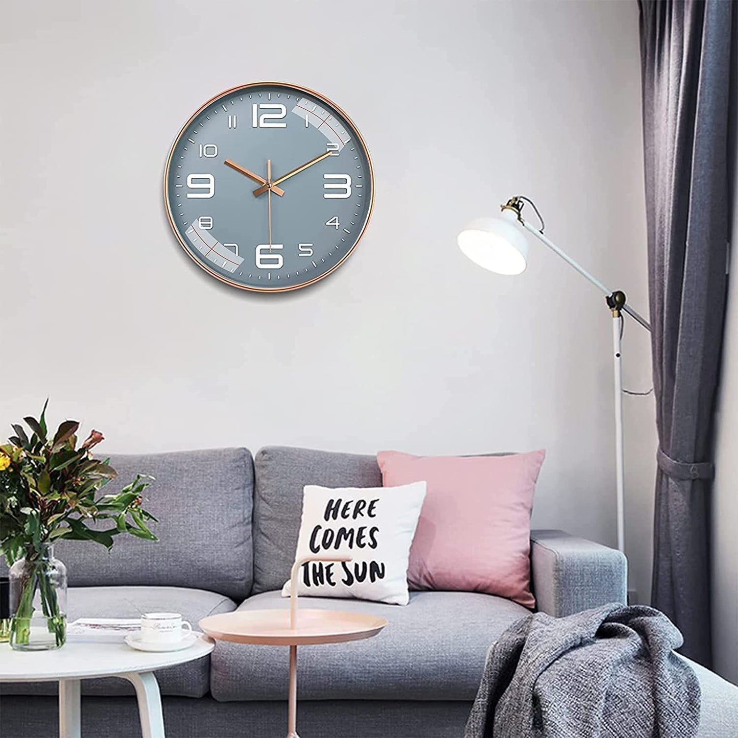 Rylan 12" Silent Quartz Wall Clock - Grey Plastic Analog - Battery Operated