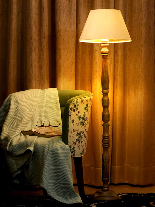 Wooden Floor Lamp with Cotton Shade in Walnut Brown - 9x15x55 inches - E27 Base