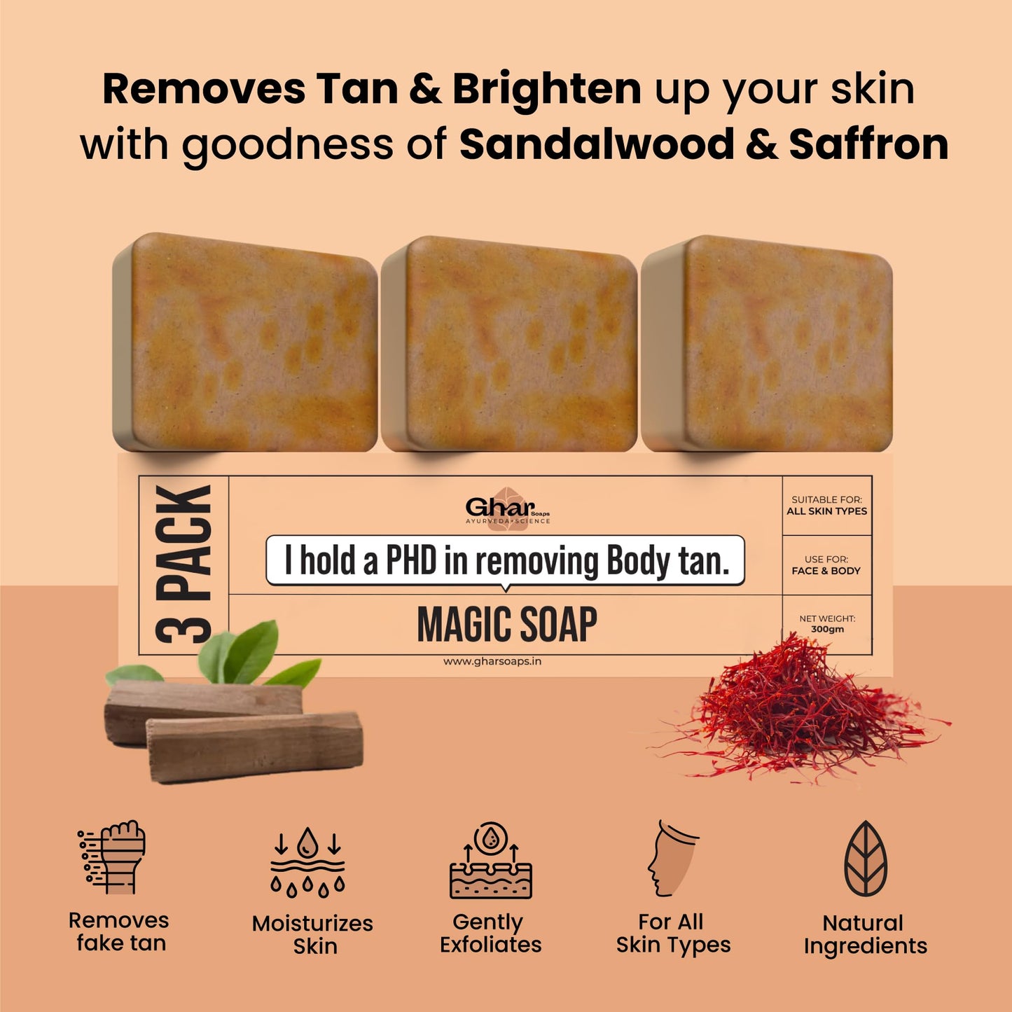 Sandalwood & Saffron Bath Soap 300g Pack of 3 | Paraben-Free