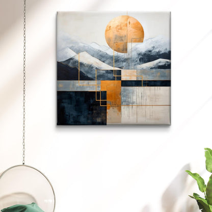 Wall Painting Modern Abstract Mountain Landscape Canvas Art Grey Navy Blue Orange 16 Inch x 16 Inch