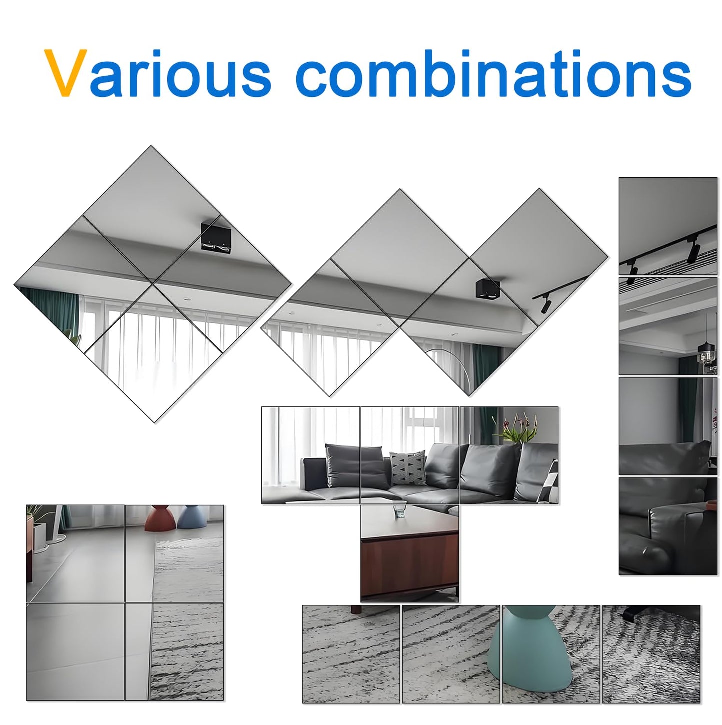 Frameless Glass Mirror Tiles - Set of 4, 12" x 12", High-Definition, Wall-Mounted, White