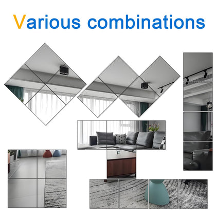 Frameless Glass Mirror Tiles - Set of 4, 12" x 12", High-Definition, Wall-Mounted, White