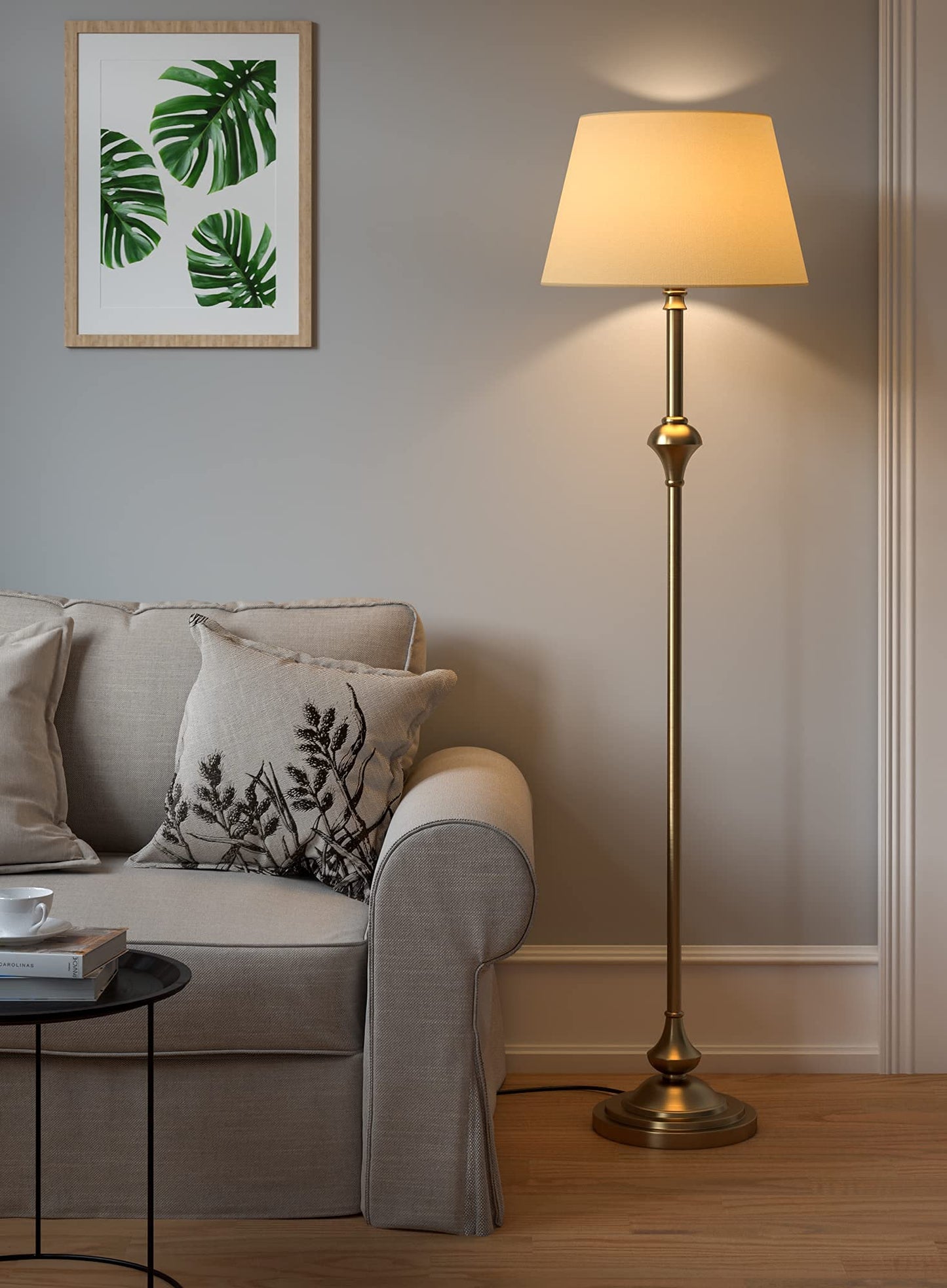 LED Floor Lamp Antique Brass Finish 5Ft Height with Cream Lampshade