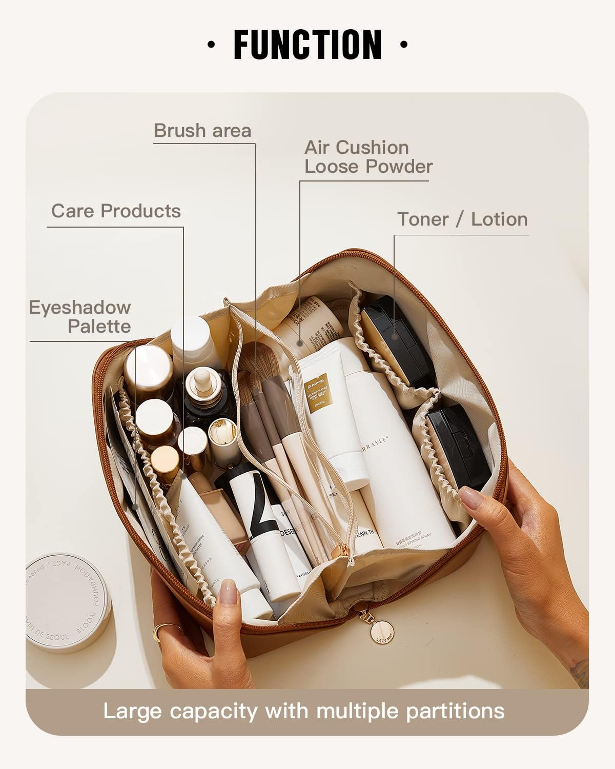 Large Brown Travel Makeup Bag - Waterproof, Portable, Organizer
