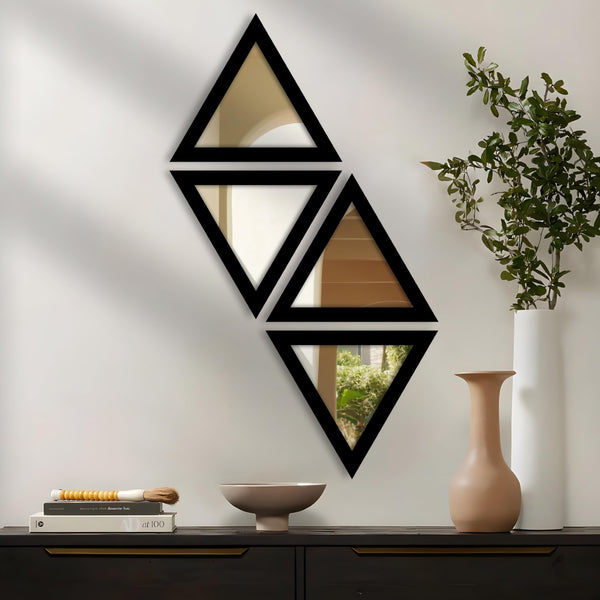 Wall Mirror Set of 4 Black Triangular Shape 10x10 Inch
