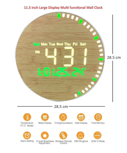 10-Inch LED Digital Wall Clock with Remote Control, Bamboo Style, White