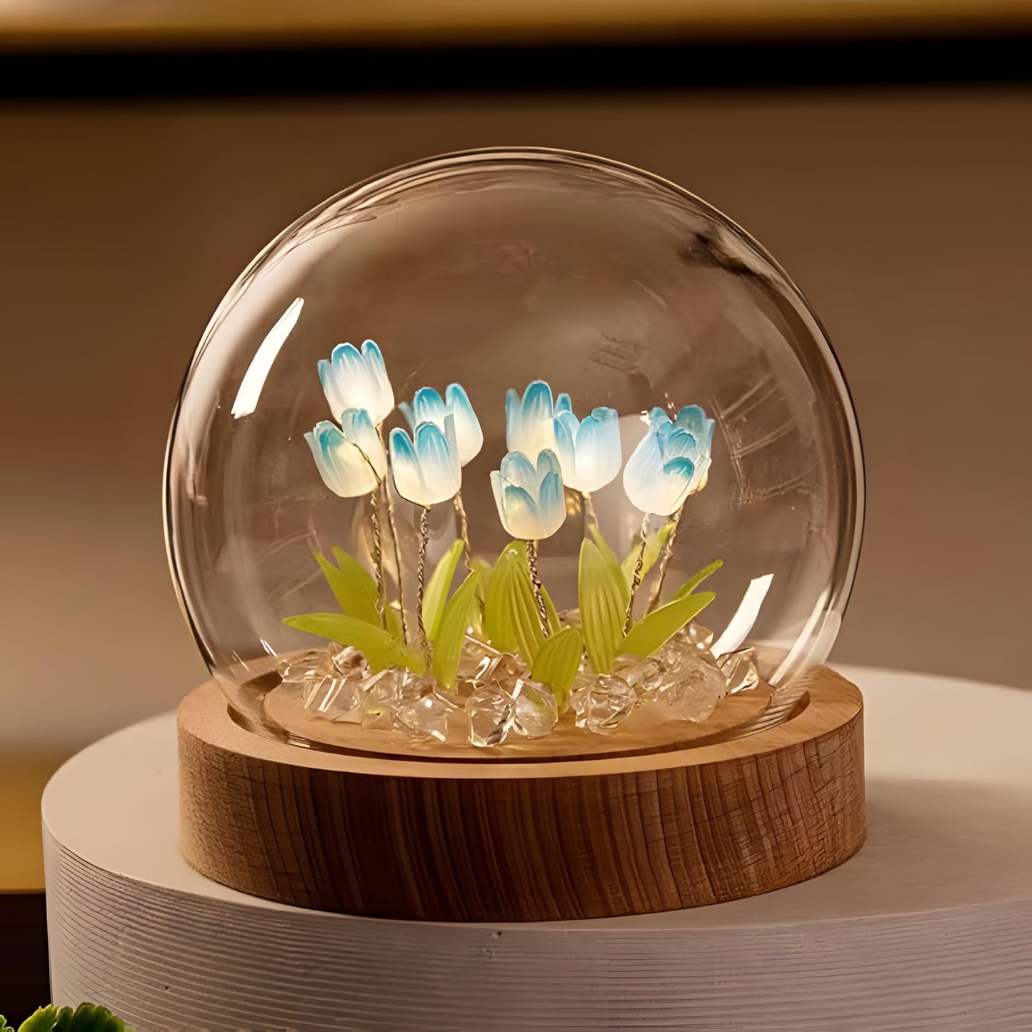 Tulip LED Night Light - Decorative Glass Table Lamp with Artificial Flowers - 8 cm - Blue
