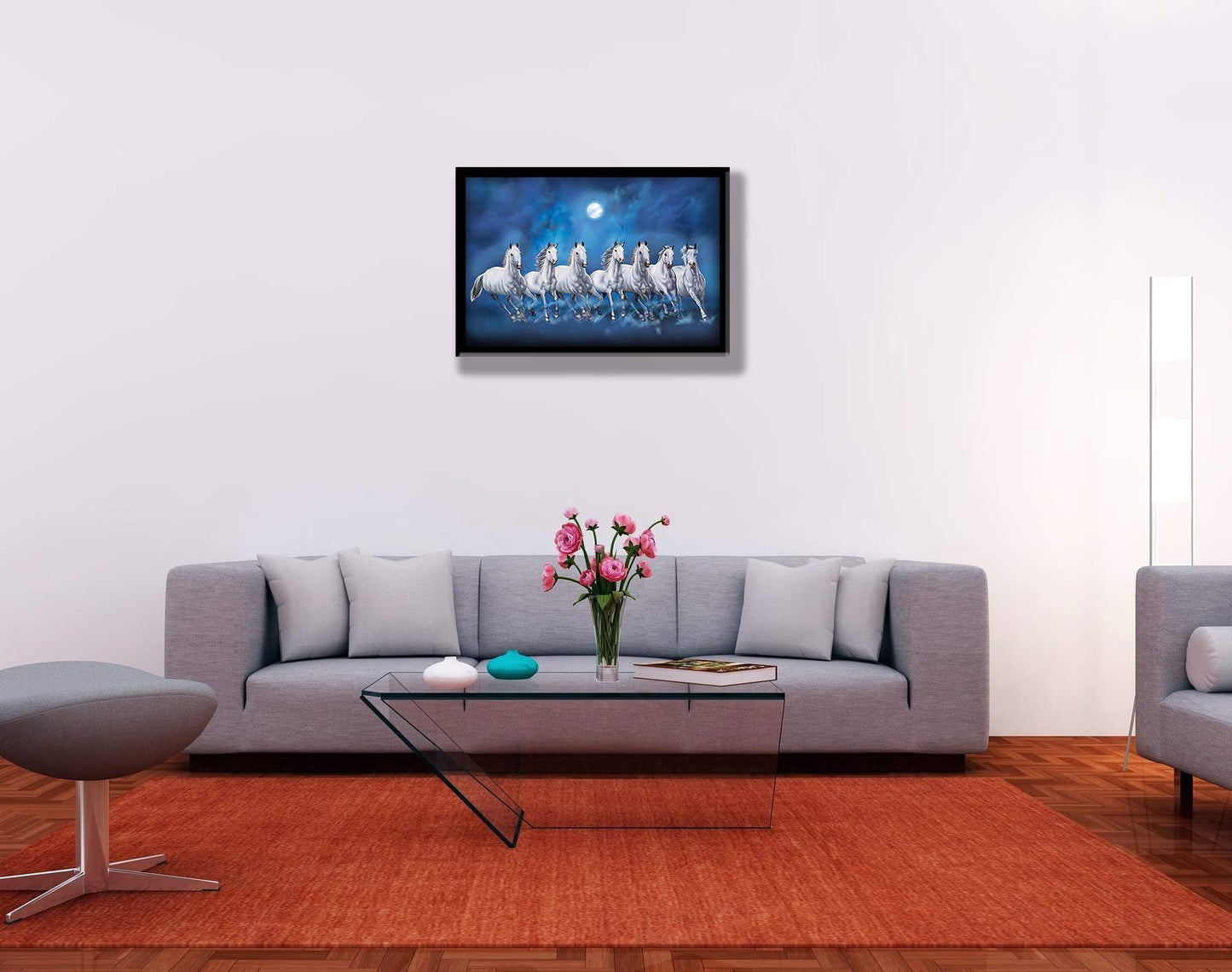Wall Painting - Framed Seven Lucky Running Vastu Horses Art - MDF Board - Ocean Blue - 12 Inch x 18 Inch