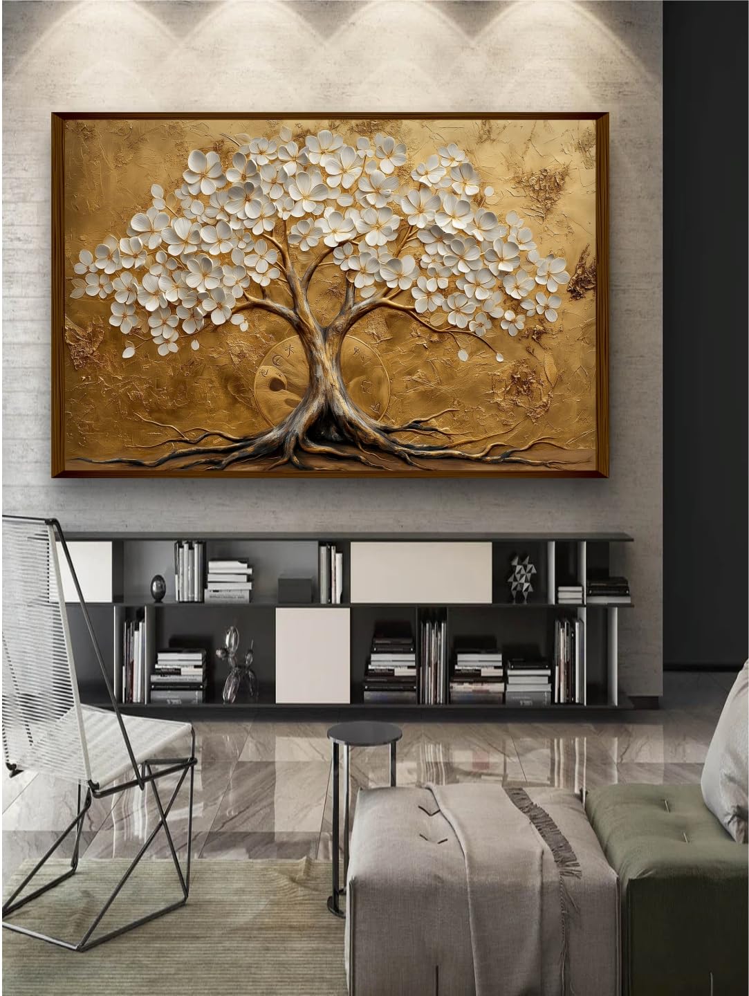 Wall Painting Golden Lucky Wish Tree Canvas Print with Brown Frame 24x36 inches (61x91 cm)