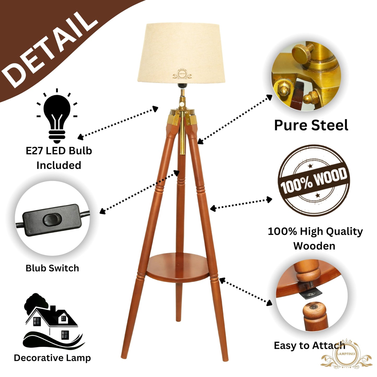 Wooden Tripod Floor Lamp with Beige Shade, Adjustable Height 152 cm, Antique Style, Brown Polished Stand