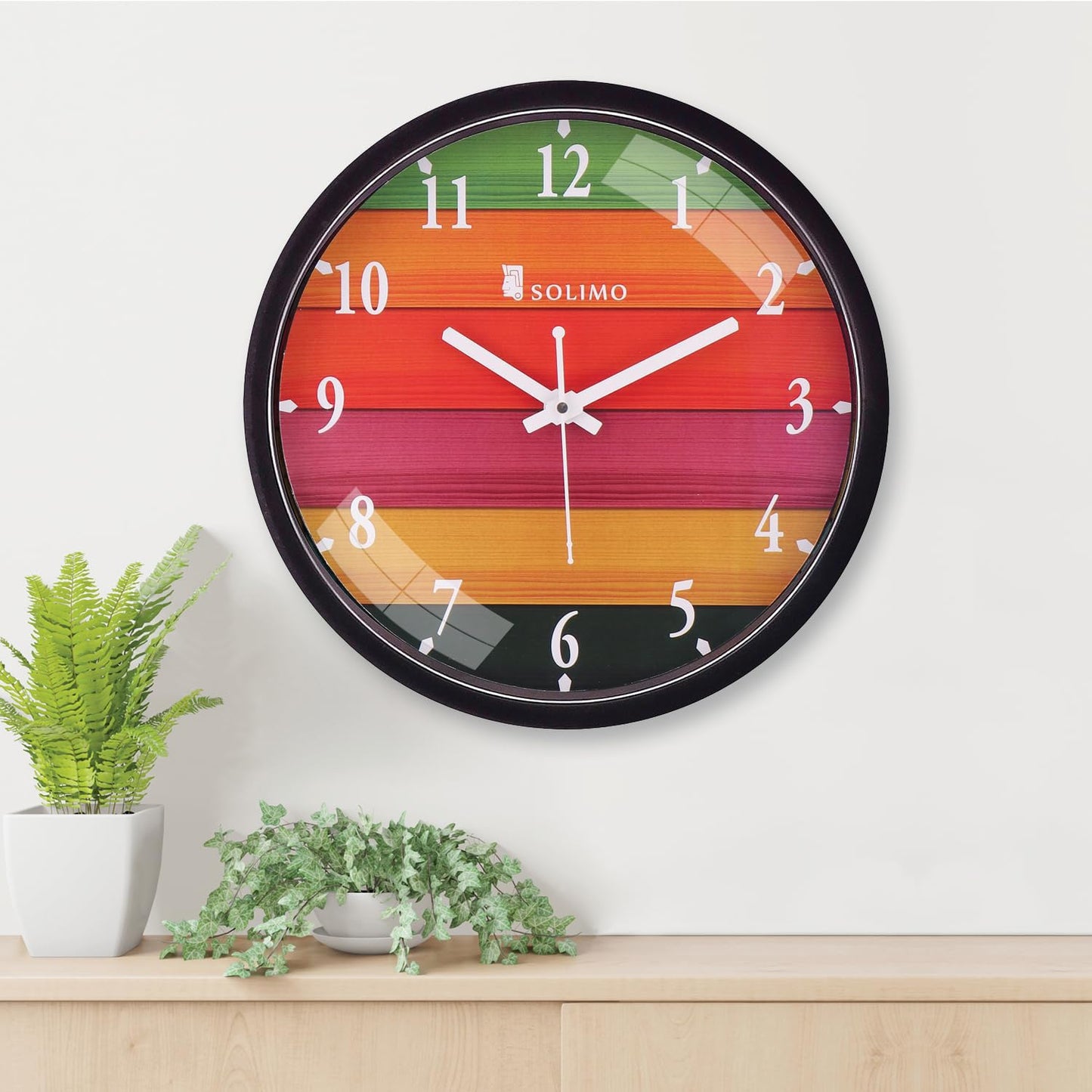 Wall Clock with Step Movement - 12 Inch Diameter, Black Plastic Frame, Glass Face
