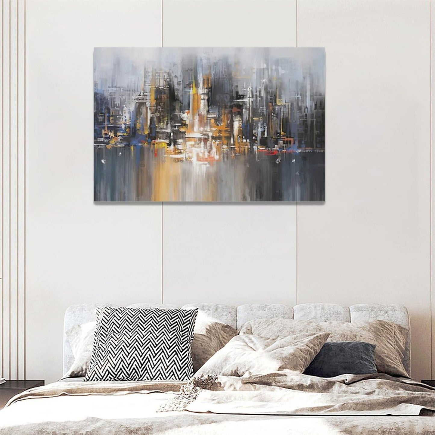 Abstract City Skyline Canvas Painting Grey and Yellow 24"x16" Modern Art for Home Office Decor