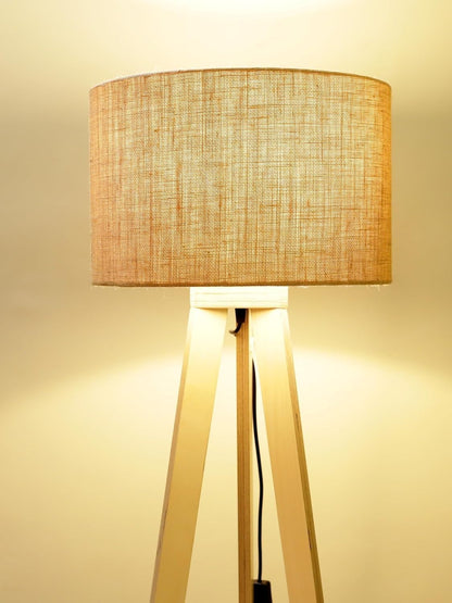 Floor Lamp with Drum Shade in Solid Wood & Natural Wood - 12 x 12 x 50 Inch - Beige