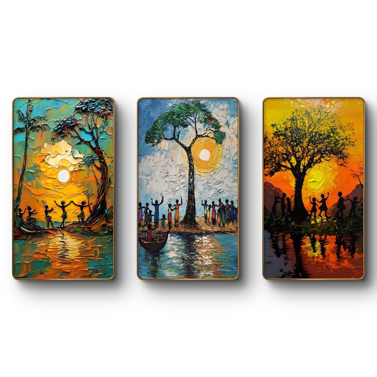 Madhubani Canvas Painting Set of 3 with Golden Frame 35 inch x 20 inch