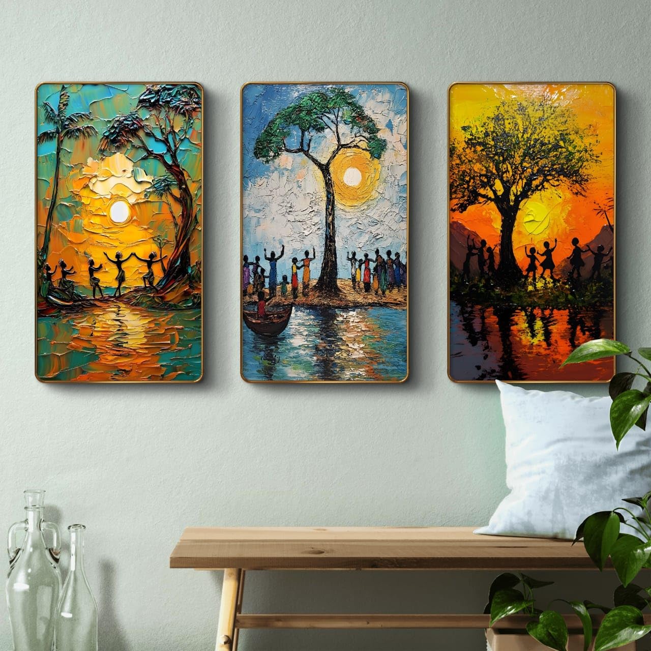 Madhubani Canvas Painting Set of 3 with Golden Frame 35 inch x 20 inch